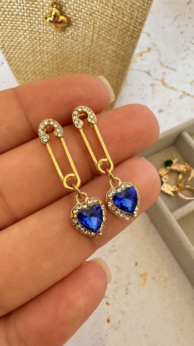 Aros Dorados Clip Corazón Azul 