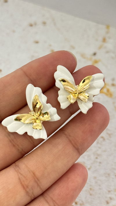 Aros Mariposa Blanco Con Dorado