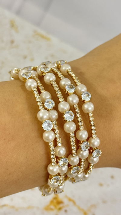 Pulsera Con Strass Y Perlas Dorado
