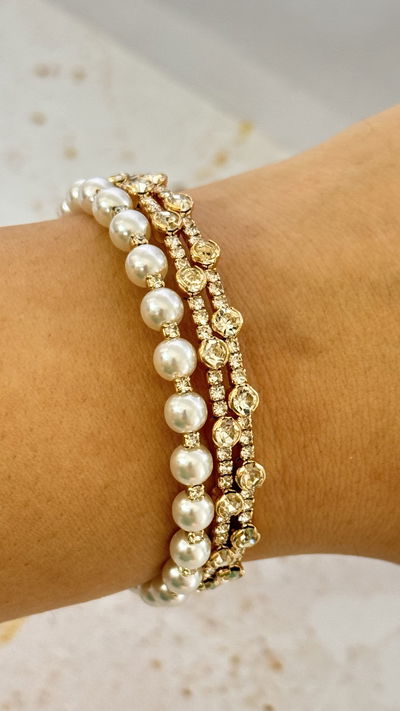 Pulsera Con Strass Y Perlas Dorado