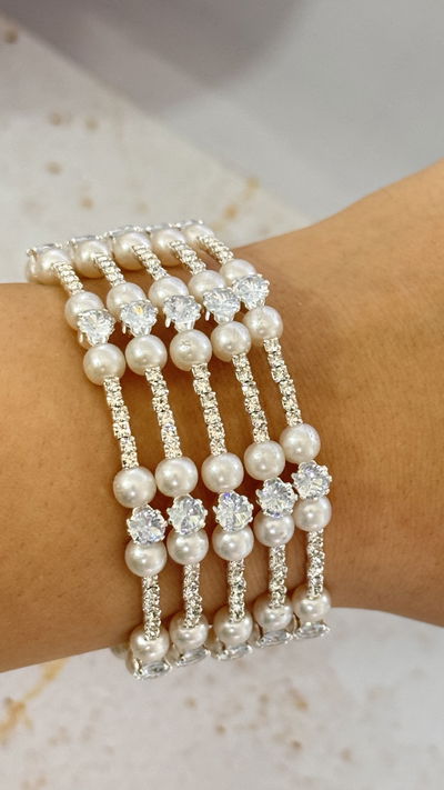 Pulsera Strass Con Perlas Plateado