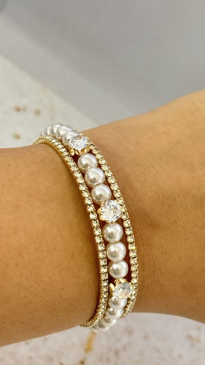 Pulsera Con Strass y Perlas Dorado