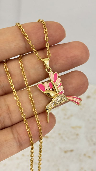 Collar Colibri Fucsia Con Rosa AD