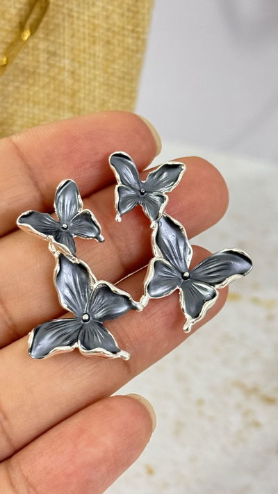 Aros Plateados Mariposa Negro Perlado