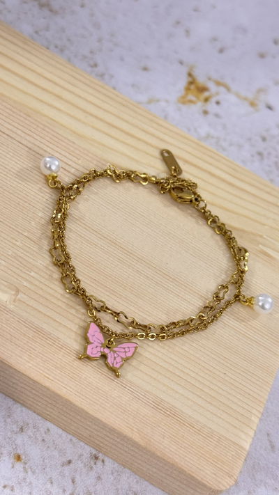 Pulsera Doble Mariposa Y Perlas Rosa AD
