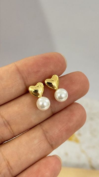 Aros Corazon Con Perla Dorado