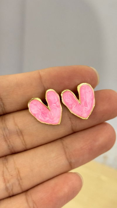 Aros Corazon Esmaltado Rosa Dorado