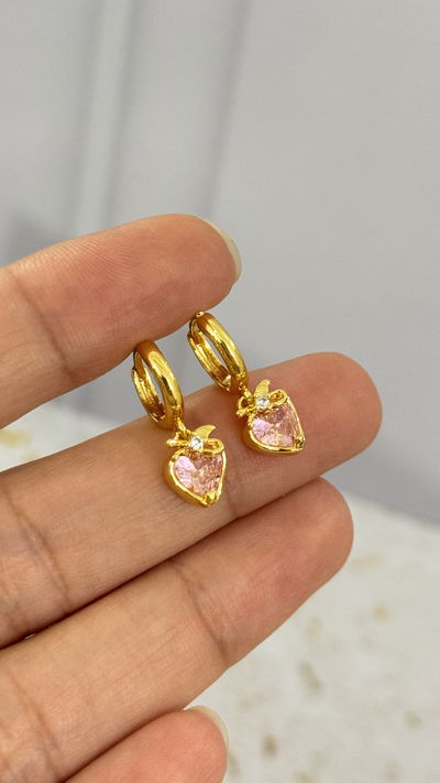 Aros Corazon Con Moño Rosa Dorado