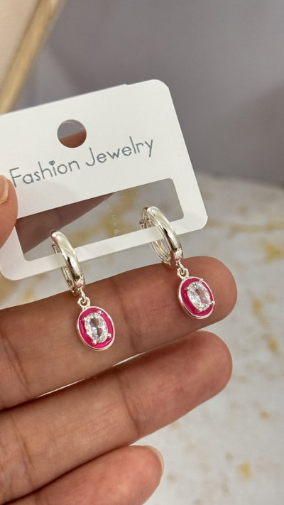 Aros Con Cubic Fucsia Plateado