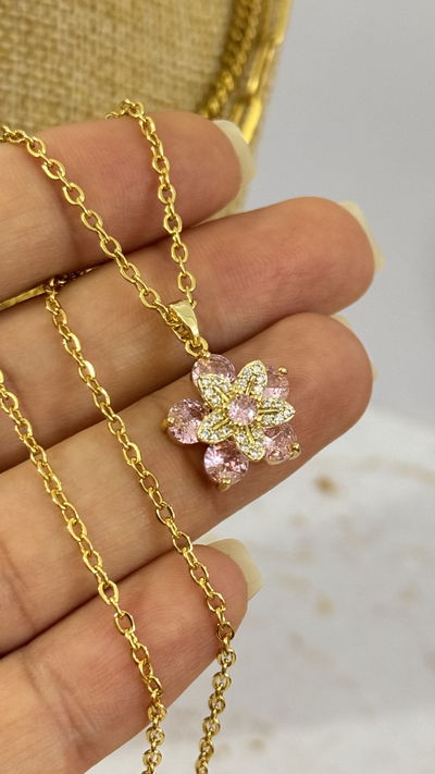 Collar Dije Giratorio Flor Rosa AD