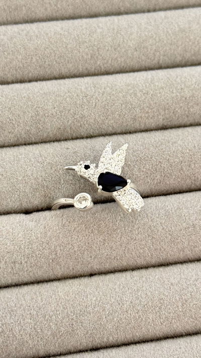 Anillo Plateado Colibrí Negro T.18