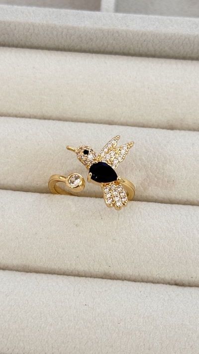Anillo Dorado Colibrí Negro T.18