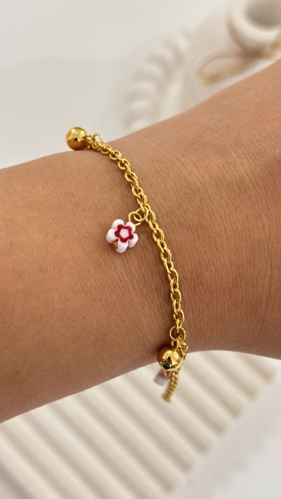 Pulsera Flor Blanco Con Rojo AD