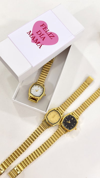 Reloj con caja y sticker feliz dia 