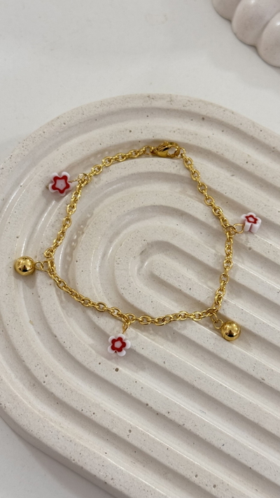 Pulsera Flor Blanco Con Rojo AD