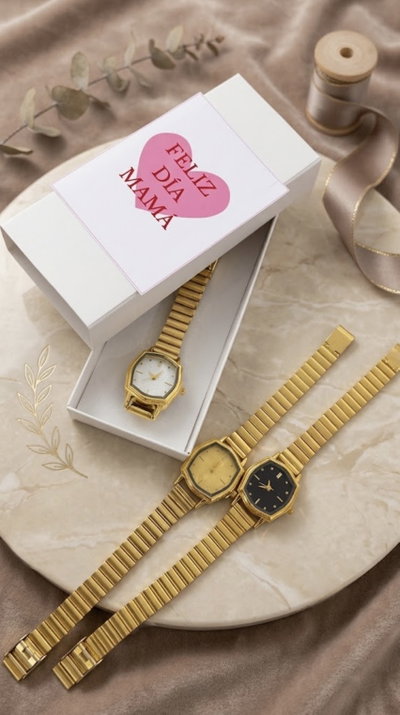Reloj con caja y sticker feliz dia 
