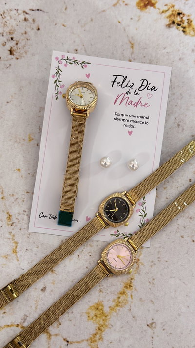 Reloj + Aros perlas y tarjeta 