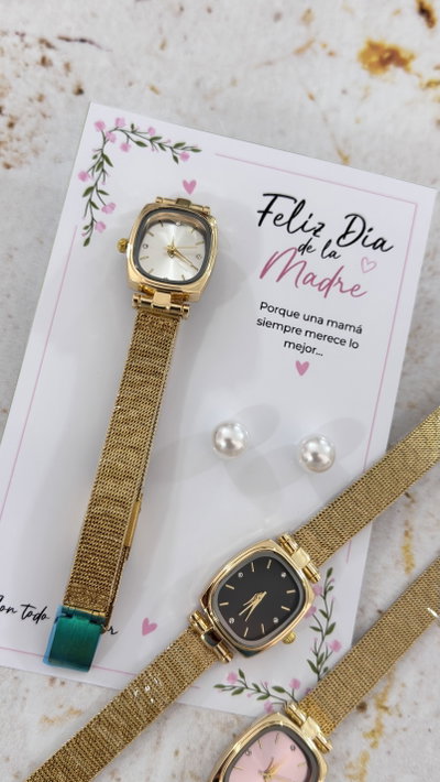 Reloj + Aros perlas y tarjeta 