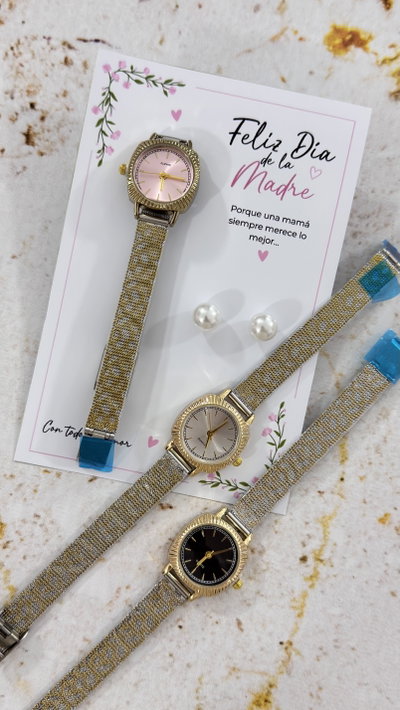 Reloj + Aros perlas y tarjeta 