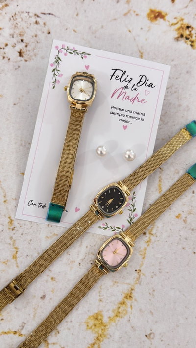 Reloj + Aros perlas y tarjeta 