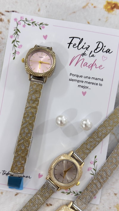Reloj + Aros perlas y tarjeta 