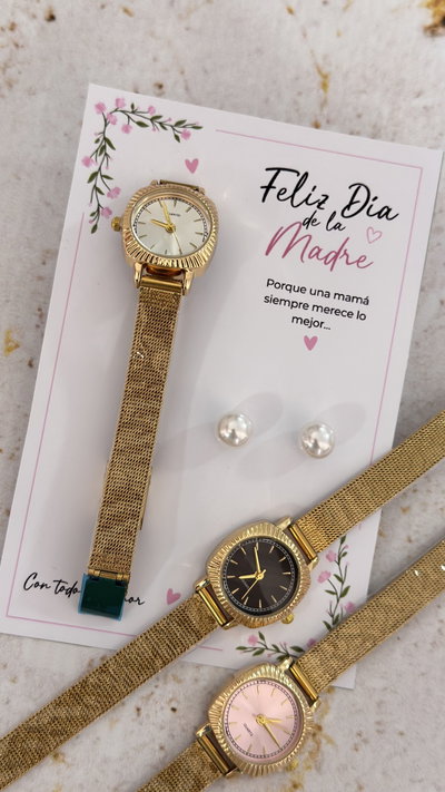 Reloj + Aros perlas y tarjeta 