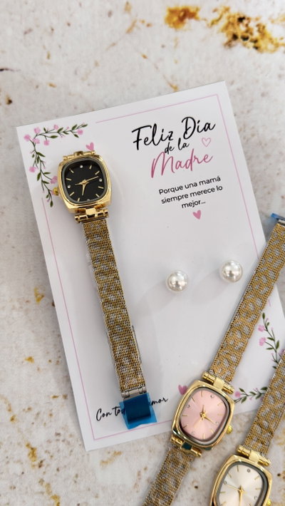 Reloj + Aros Perlas y tarjeta