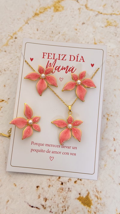SET FLORES AD - cadena, aros y anillo