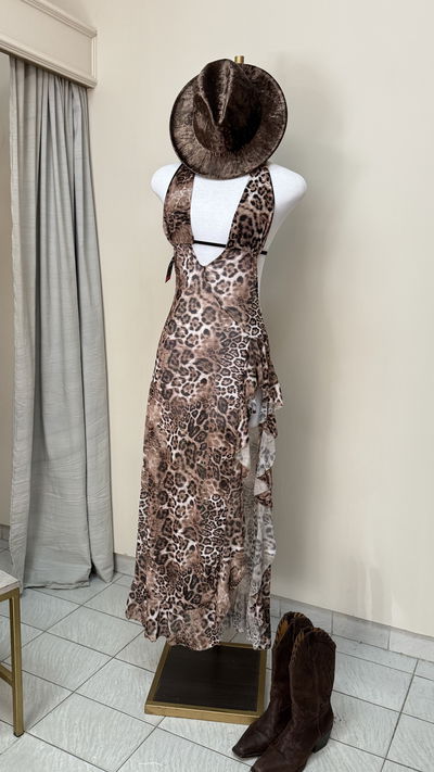 Vestido largo animal print con volados 
