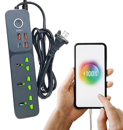 Zapatilla Eléctrica Inteligente con 3 Tomas 220V  3 Puertos USB  1 Puerto C 