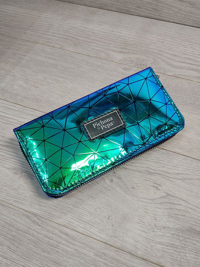 Billetera con cierre azul/verde tornasol triangulos