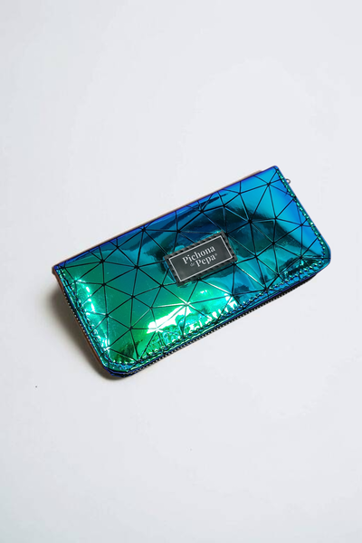 Billetera con cierre azul/verde tornasol triangulos