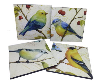 Set De 4 Posavasos Madera Pajaros Retro Vintage