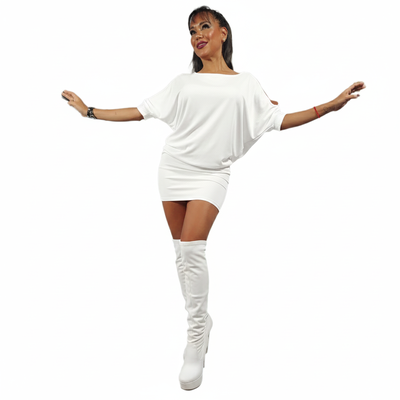 Vestido Blanco tiro Bajo ablusado con Manga Dolmann (Murcielago) Abierta