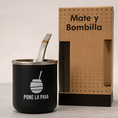 Mate de Acero Inoxidable Negro con bombilla .