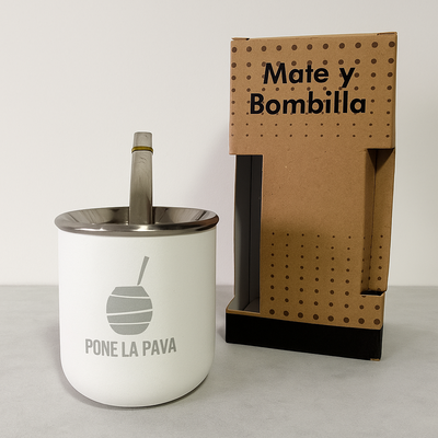Mate de Acero Inoxidable Blanco con bombilla .