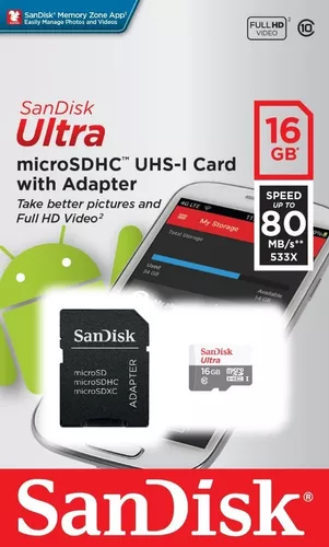 MICRO SD SANDISK 16 GB ULTRA SPEED 80MB/S