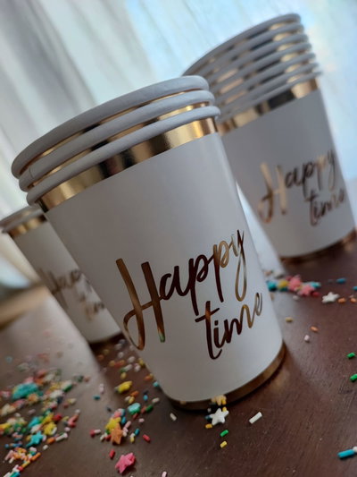 Vaso de polipapel blanco con dorado, Happy Time