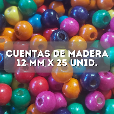 Cuentas de madera multicolor 12mm x 25 un.