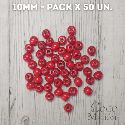 Cuentas de madera rojo 10mm x 50 un.