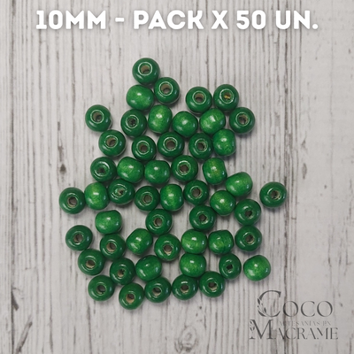 Cuentas de madera verde 10mm x 50 un.