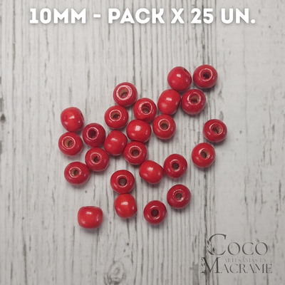 Cuentas de madera rojo 10mm x 25 un.