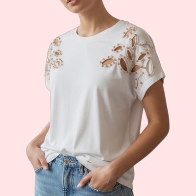 REMERA DE ALGODON BORDADA CON GEMAS