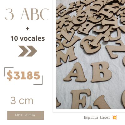 Combo 3 ABC + 10 vocales adicionales en 3 cm. MDF (fibrofácil) 3 mm.