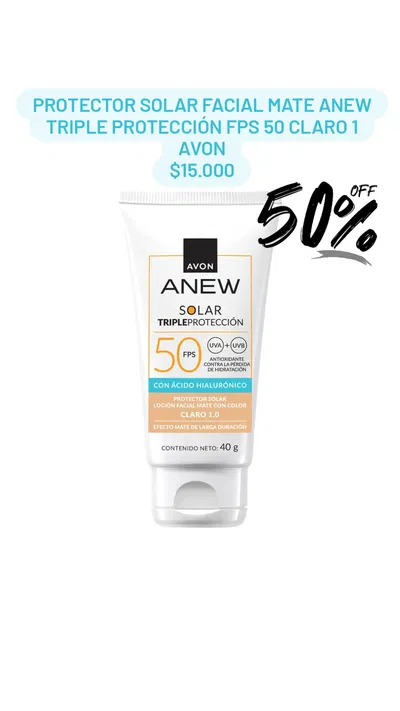 Protector solar facial mate Anew Triple protección FPS 50 Claro 1 Avon