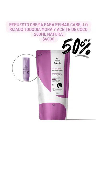 Repuesto Crema para Peinar Cabello Rizado Tododia Mora y Aceite de Coco 280ml Natura