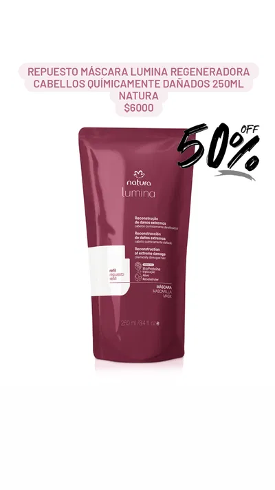 Repuesto Máscara Lumina Regeneradora Cabellos Químicamente Dañados 250ml Natura 