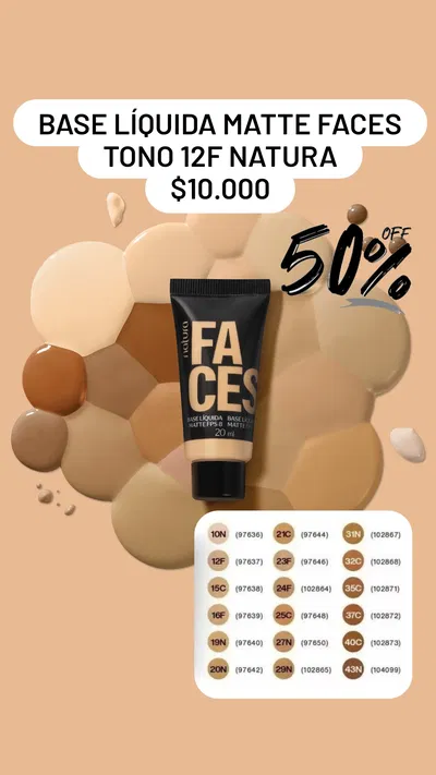 Base Líquida Matte Faces Tono 12F Natura