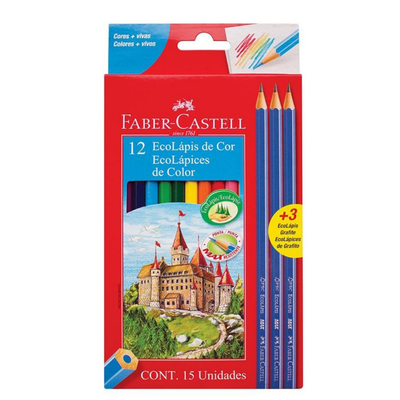 LAPICES DE COLORES FABER-CASTELL X 12 LARGOS + 3 GRAFITOS