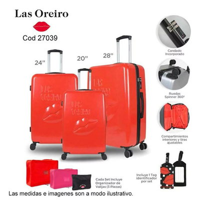 SET DE VALIJAS LAS OREIRO X3 28 24 20 KISS ROJO